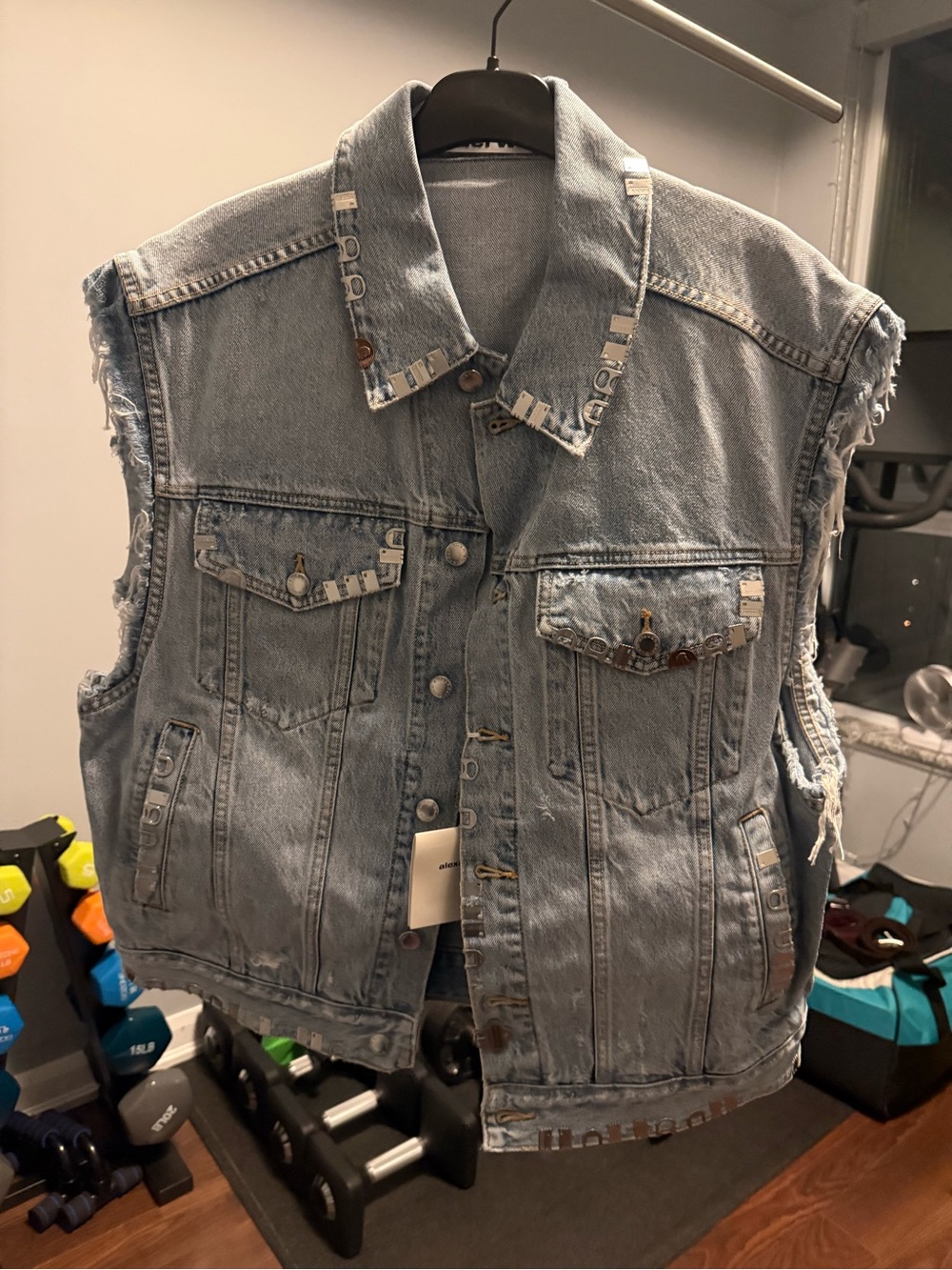 Alexander Wang Light Blue Denim Jacket with Brown Leather Patch